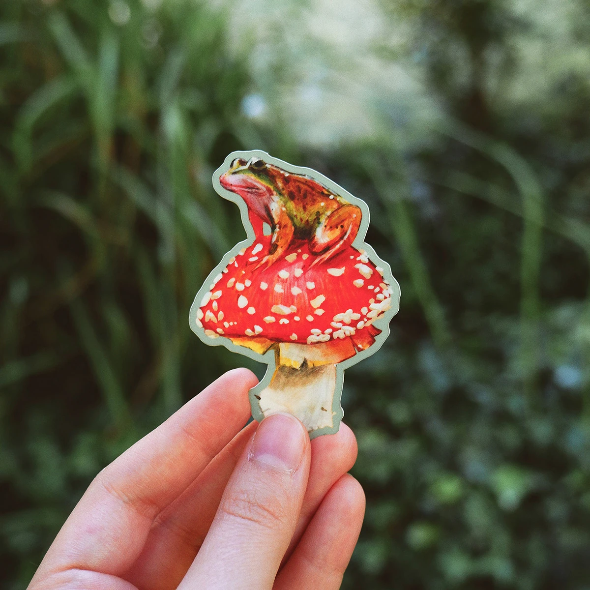 Pegatina de vinilo rana sobre seta